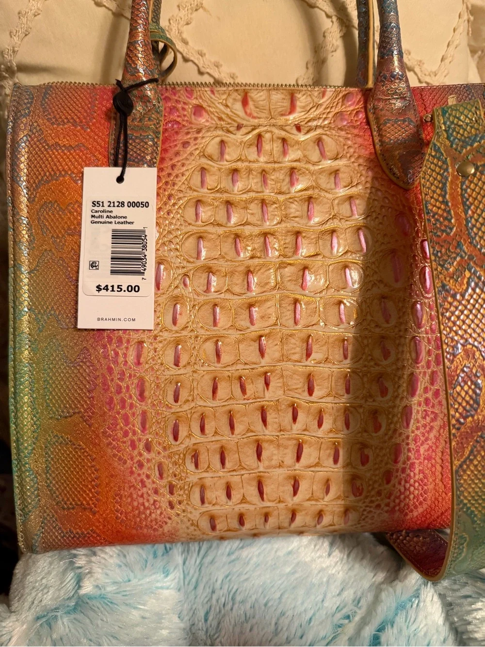 Brahmin Multicolor Iridescent Croc-Embossed Satchel with Pink and Teal Accents